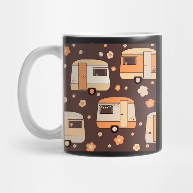 Repeat pattern of cute vintage caravans in retro colours on chocolate brown by NattyDesigns